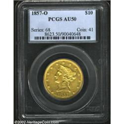 1857-O $10 AU50 PCGS. Because of its very low mintage of only 5,500 pieces, the 1857-O third lowest.