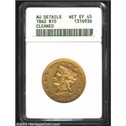 1862 $10--Cleaned--ANACS. AU Details, Net XF45. Only 10,995 Eagles were struck in 1862 at the Philad