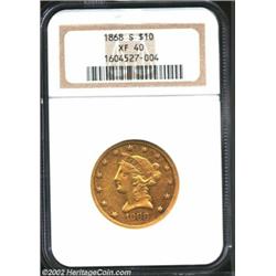 1868-S $10 XF40 NGC. A scarce issue of only 13,500 struck. Circulated with no distracting marks. Imp