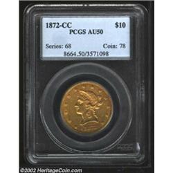 1872-CC $10 AU50 PCGS. Winter 1-A. Formerly offered as lot 7901 in our 2001 Atlanta Sale, where it w