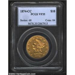 1874-CC $10 VF35 PCGS. Winter 1-A. Generally not found any finer than VF or possibly XF, this is a p