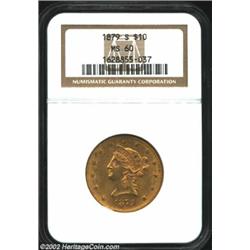 1879-S $10 MS60 NGC. Olive-gold fields with yellow-gold peripheries and marks consistent with the gr