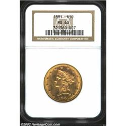 1881 $10 MS63 NGC. Lustrous with a minimum of abrasions and a pleasing orange-gold color. The strike