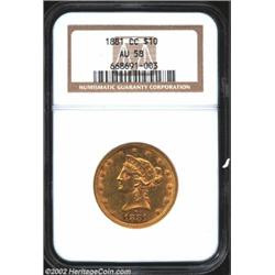 1881-CC $10 AU58 NGC. A band of bright luster connects the stars and peripheral legends. A sharply s