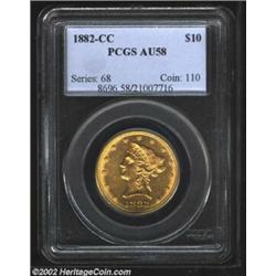 1882-CC $10 AU58 PCGS. Winter 2-A. This interesting variety is actually a mispunched date. Two lunul