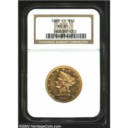 1883-CC $10 MS61 NGC. Lightly marked with bright, prooflike fields and appealing, even, yellow-gold.