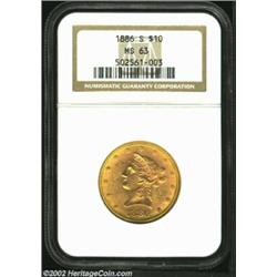 1886-S $10 MS63 NGC. A well struck and lustrous piece that has olive color at the borders and pinkis