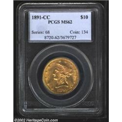 1891-CC $10 MS62 PCGS. Winter 3-C. This is a very interesting variety. On the obverse, it is most re