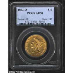 1893-O $10 AU58 PCGS. A scarce O-mint issue with only 17,000 struck. Lustrous with slight wear. Impo