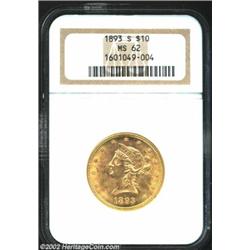 1893-S $10 MS62 NGC. Nice luster, color, and with the usual marks for the grade. Important notice: W