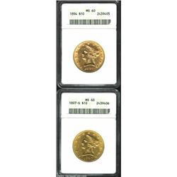 1894 $10 MS60 ANACS, moderately abraded; and an 1897-S MS60 ANACS, deep golden luster with a paper t