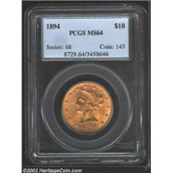 1894 $10 MS64 PCGS. Lightly abraded throughout, this near-Gem example displays rich, vibrant color,.