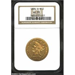 1894-S $10 AU53 NGC. Overall bold in definition, this lightly rubbed survivor is partially lustrous.