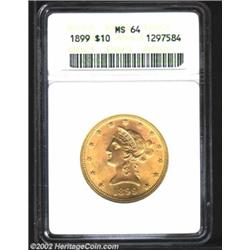 1899 $10 MS64 ANACS. Well defined with a satiny, almost matte-like appearance and few appreciable su