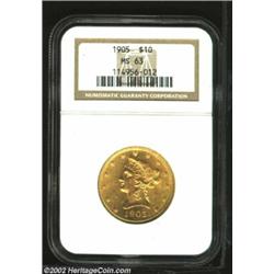 1905 $10 MS63 NGC. A bright and semi-prooflike Eagle that has a sharp strike and impressive luster..