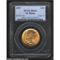 1907 $10 No Motto MS63 PCGS. Lustrous and surprisingly clean for the grade. Important notice: We exp