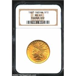 1907 $10 No Motto MS65 NGC. A beautiful, satiny Gem with warm golden luster and typically clean surf