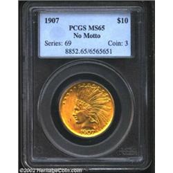 1907 $10 No Motto MS65 PCGS. This coin is an uncommonly well preserved representative of this first-