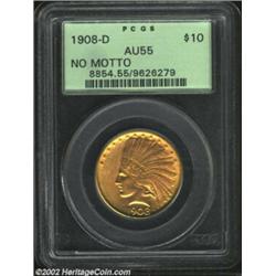 1908-D $10 No Motto AU55 PCGS. Rich golden-orange iridescence is propelled by the remaining mint lus