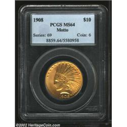 1908 $10 Motto MS64 PCGS. Bold orange-peel luster combined with rich golden color give this near-Gem