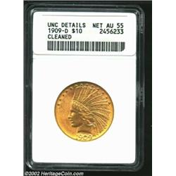 1909-D $10--Cleaned--ANACS. Unc Details, Net AU55. Bright lemon-gold patina. A lustrous and only lig