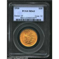 1910 $10 MS63 PCGS. Well struck and lustrous with an immaculate obverse. A pair of minor contact mar