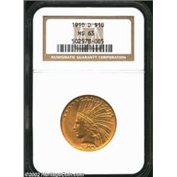 1910-D $10 MS63 NGC. A lustrous specimen with exquisite surfaces that lacks sharp definition only on