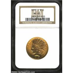 1910-D $10 MS63 NGC. Sharply struck with orange-gold color. The obverse is especially well preserved