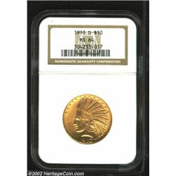 1910-D $10 MS64 NGC. A nicely struck and flashy near-Gem that has exceptionally clean fields. An imp