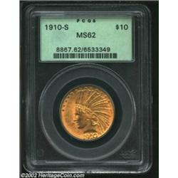 1910-S $10 MS62 PCGS. A richly detailed example that has unbroken cartwheel luster and attractive or