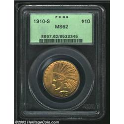 1910-S $10 MS62 PCGS. A lustrous piece that has a good strike and relatively clean surfaces. A scarc