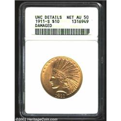 1911-S $10--Damaged--ANACS. Unc Details, Net AU50. Sharply struck. On the cheek of the Indian someon