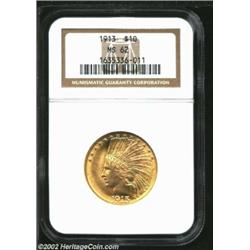 1913 $10 MS62 NGC. A highly lustrous and well struck Eagle that has bright and pleasing surfaces. Th