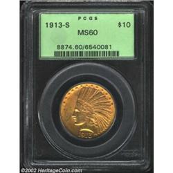 1913-S $10 MS60 PCGS. Among the rarest Indian Eagles in Mint State, the 1913-S (66,000 pieces produc