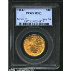 1914-S $10 MS62 PCGS. A nicely struck and lustrous Eagle that has a seemingly pristine obverse field