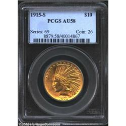 1915-S $10 AU58 PCGS. A vibrant example of this scarce, low mintage (59,000 pieces) S-mint. Both obv