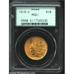 1916-S $10 MS61 PCGS. Sharply struck with bright golden-orange color, this Mint State specimen is lu