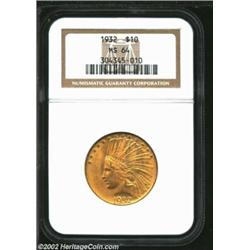 1932 $10 MS64 NGC. A lustrous near-Gem displaying gorgeous satiny surfaces and rich golden-orange co