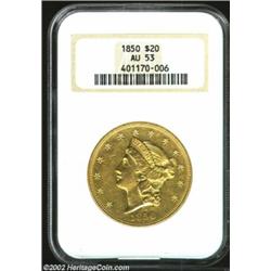 1850 $20 AU53 NGC. Rich olive-gold color warms to medium yellow-gold shades as the coin rotates into