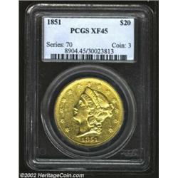 1851 $20 XF45 PCGS. A sharply impressed specimen with most of the original design details intact, th