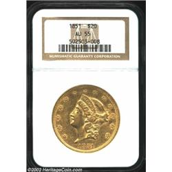 1851 $20 AU55 NGC. Lightly circulated olive and yellow-gold example. Usual marks for the grade with.