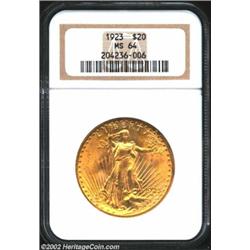 1923 $20 MS64 NGC. Fully struck and lustrous with orange-gold surfaces.From the George Coyman Collec