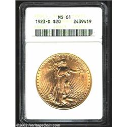 1923-D $20 MS61 ANACS. Bright, even color and strong mint luster for the grade, with a number of sma