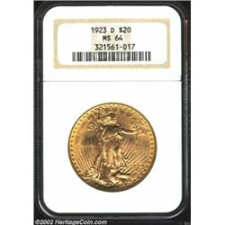 1923-D $20 MS64 NGC. Orange-gold color with nice luster and several tiny abrasions.From the George C