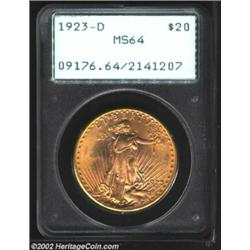 1923-D $20 MS64 PCGS. An attractive example of this Denver Mint issue, with nice surfaces and satiny