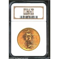 1923-D $20 MS64 NGC. Well preserved orange-gold near-Gem.From the Aaron Bliss Collection. Important.