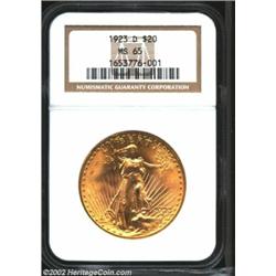 1923-D $20 MS65 NGC. Orange-gold Gem with satin fields. Important notice: We expect to be auctioning