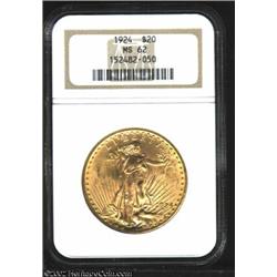 1924 $20 MS62 NGC. Bright, matte-like surfaces have noticeable contact marks on and to the right of.