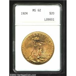 1924 $20 MS62 ANACS. Light honey-gold patina and impressive cartwheel luster add to the attraction o