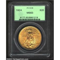 1924 $20 MS63 PCGS. Both sides have rich blushes of lemon-gold patina. Well struck except for the up